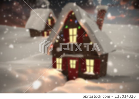 Flat design is showing two wooden cabins under snow drifts with lit windows and string lights Flat design is showing two wooden cabins under snow drifts with lit windows and string lights 135034326