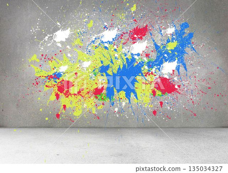 Splashes of color on grey wall Splashes of color on grey wall 135034327