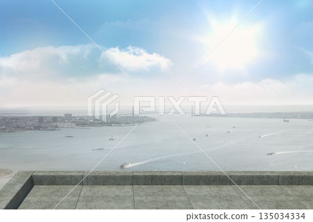 Flat design is showing tiled stone terrace with parapet overlooking sea with boats and bridge 135034334