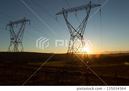 The evening electricity pylon silhouette 135034364