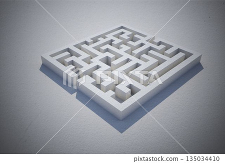 Square maze is appearing as 3D render with concrete corridors and angular shadows on pale surface 135034410