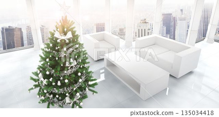 Flat design is featuring decorated Christmas tree beside sofas, coffee table with city view 135034418