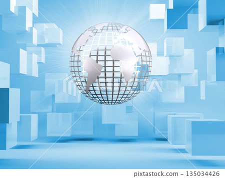 Silver globe on blue background with cubes Silver globe on blue background with cubes 135034426