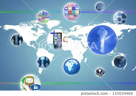 Stylized flat design is illustrating global connectivity featuring key icon, smartphone, globe Stylized flat design is illustrating global connectivity featuring key icon, smartphone, globe 135034468