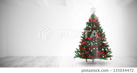 Flat illustration is showing Christmas tree standing in white room, with red bows and silver star 135034472