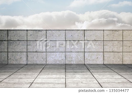 Flat design scene is featuring concrete block wall on tiled platform under cloudy sky Flat design scene is featuring concrete block wall on tiled platform under cloudy sky 135034477