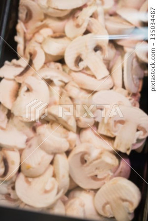 Close-up of mushroom packed in plastic Close-up of mushroom packed in plastic 135034487