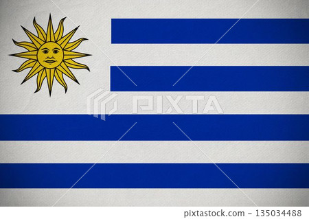 Uruguay national flag is showing in flat design with golden sun emblem and white-blue stripes Uruguay national flag is showing in flat design with golden sun emblem and white-blue stripes 135034488
