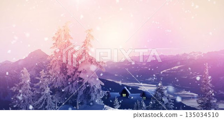 View of landscape during snowfall View of landscape during snowfall 135034510