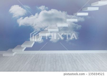 Minimalist flat design room featuring white floating steps ascending over wood floor with sky mural Minimalist flat design room featuring white floating steps ascending over wood floor with sky mural 135034521
