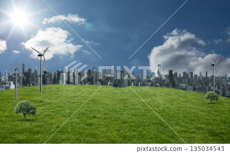 Flat design is depicting hilltop with wind turbines and shrubs overlooking skyline under sunny sky Flat design is depicting hilltop with wind turbines and shrubs overlooking skyline under sunny sky 135034543