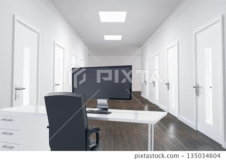 Office desk with monitor and chair is sitting in flat design minimalist corridor, copy space Office desk with monitor and chair is sitting in flat design minimalist corridor, copy space 135034604