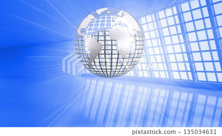 Shiny planet floating in blue room Shiny planet floating in blue room 135034631