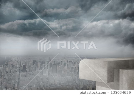 Concrete observation ledge is revealing misty city skyline under storm clouds in flat design Concrete observation ledge is revealing misty city skyline under storm clouds in flat design 135034639