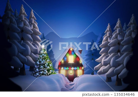 Flat design winter night is showing snowy cabin and Christmas tree in forest clearing, with lights 135034646