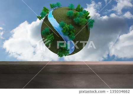 Futuristic earth floating in sky 135034662