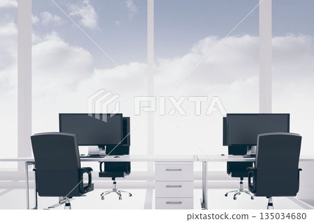 Flat design showing office workstations with white desk drawers, black chairs, monitors, windows Flat design showing office workstations with white desk drawers, black chairs, monitors, windows 135034680