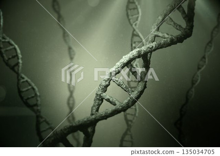 Rendering 3D DNA double helix twisting in softly lit greenish-gray environment with blurred helixes Rendering 3D DNA double helix twisting in softly lit greenish-gray environment with blurred helixes 135034705