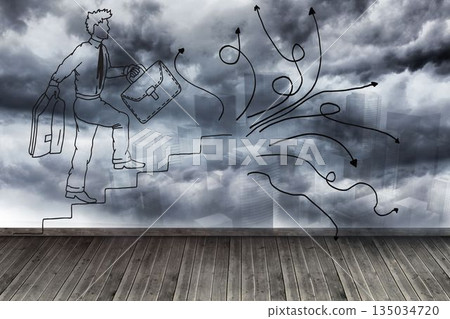 Comic man on wall with stormy sky Comic man on wall with stormy sky 135034720