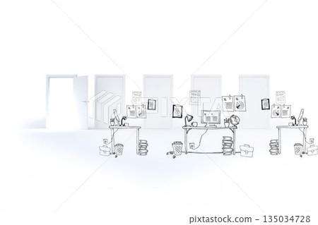 Showing three minimalistic sketch-style office desks with computer and supplies against white doors 135034728