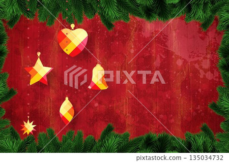 Christmas baubles in front of wood 135034732