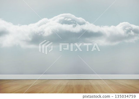 Large white cloud mural is floating in minimal flat design room with light wood plank floor 135034759