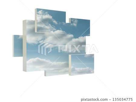 3D render showing floating panels creating fragmented sky effect on white backdrop, copy space 135034775