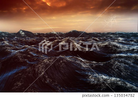 Flat design is showing rough ocean waves rising under fiery storm clouds with lightning Flat design is showing rough ocean waves rising under fiery storm clouds with lightning 135034782