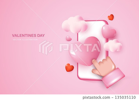 3D pink vector illustration of a smartphone with heart chat bubbles, clouds and love icons, representing social media likes, online dating, messaging, romance, love message on pink background. 3D pink vector illustration of a smartphone with heart chat bubbles, clouds and love icons, representing social media likes, online dating, messaging, romance, love message on pink background. 135035110
