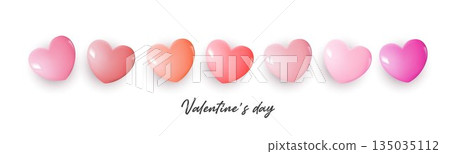 Valentine Day background with row of glossy pink and red heart shapes on white backdrop, romantic love concept for couples, wedding, anniversary, greeting card, banner, celebration and sweet. Valentine Day background with row of glossy pink and red heart shapes on white backdrop, romantic love concept for couples, wedding, anniversary, greeting card, banner, celebration and sweet. 135035112