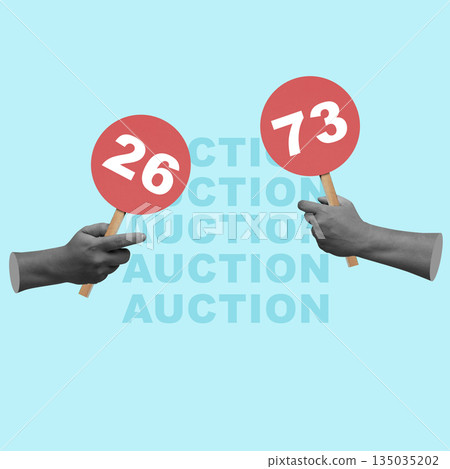 Two hands holding up auction bid paddles with the numbers 26 and 73. Collage art. Concept of competition, sales, and the auction process Two hands holding up auction bid paddles with the numbers 26 and 73. Collage art. Concept of competition, sales, and the auction process 135035202