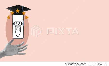 Robot on mobile phone screen wearing a graduation cap and stars, resting on a hand over a solid background, symbolizing technology and education. Collage art. Concept of Education Support 135035205