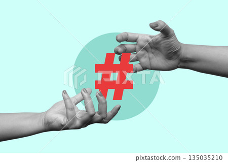Grayscale hand holding a red hashtag symbol against a blue circular background. Collage art. Concepts related to social media, technology, and trending topics 135035210