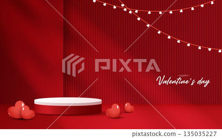 Red podium display background products for valentine day in love platform. stand to show cosmetic with craft style. symbols of love for happy. vector design 135035227