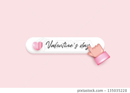Cute Valentine Day button with red heart icon and hand cursor click, minimal 3D illustration on pastel background, love concept for UI, web banner, app interface, romantic promotion. 135035228