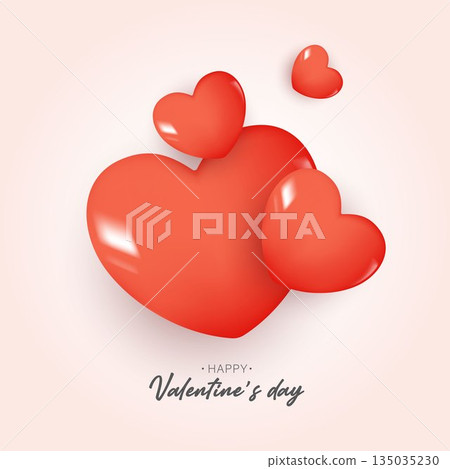 Cute red 3D hearts on soft pastel background for Happy Valentine Day, perfect for romantic greeting cards, love messages, and sweet holiday designs. 135035230
