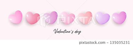 Valentine Day background with row of glossy pink and red heart shapes on white backdrop, romantic love concept for couples, wedding, anniversary, greeting card, banner, celebration and sweet. 135035231