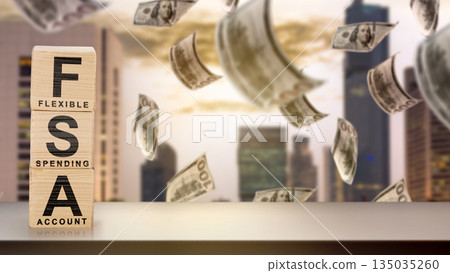 Stacked wooden blocks spelling out "FSA" with falling dollar bills. Concept of a Flexible Spending Account (FSA) Stacked wooden blocks spelling out "FSA" with falling dollar bills. Concept of a Flexible Spending Account (FSA) 135035260