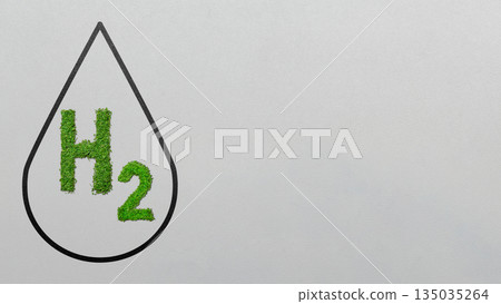 Symbol of green hydrogen H2 inside a water drop shape. Symbol of clean energy, renewable energy, and environmentally friendly solutions for a sustainable future. Concept of Hydrogen energy Symbol of green hydrogen H2 inside a water drop shape. Symbol of clean energy, renewable energy, and environmentally friendly solutions for a sustainable future. Concept of Hydrogen energy 135035264