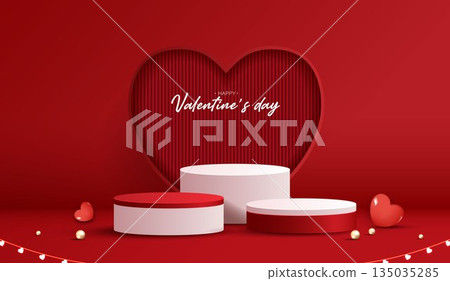 Red podium display background products for valentine day in love platform. stand to show cosmetic with craft style. symbols of love for happy. vector design 135035285