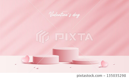 Pink podium display background products for valentine day in love platform. stand to show cosmetic with craft style. symbols of love for happy. vector design. 135035298