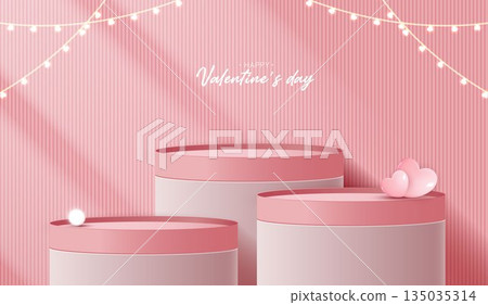 Pink podium display background products for valentine day in love platform. stand to show cosmetic with craft style. symbols of love for happy. vector design. 135035314