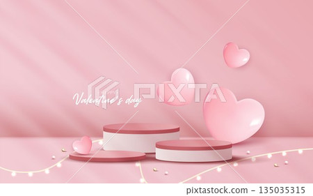 Pink podium display background products for valentine day in love platform. stand to show cosmetic with craft style. symbols of love for happy. vector design. 135035315