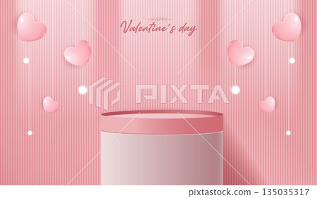 Pink podium display background products for valentine day in love platform. stand to show cosmetic with craft style. symbols of love for happy. vector design. Pink podium display background products for valentine day in love platform. stand to show cosmetic with craft style. symbols of love for happy. vector design. 135035317