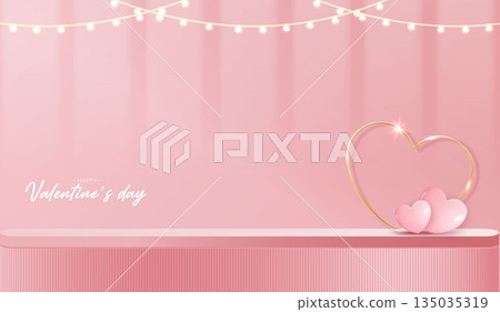 Pink podium display background products for valentine day in love platform. stand to show cosmetic with craft style. symbols of love for happy. vector design. Pink podium display background products for valentine day in love platform. stand to show cosmetic with craft style. symbols of love for happy. vector design. 135035319