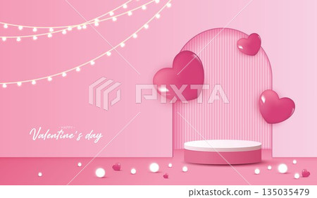 Pink podium display background products for valentine day in love platform. stand to show cosmetic with craft style. symbols of love for happy. vector design. 135035479