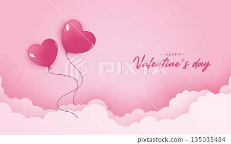 Happy Valentine Day background with pink heart balloons floating above soft clouds, romantic love concept for couples, greeting card, wedding, anniversary, banner and sweet celebration design. Happy Valentine Day background with pink heart balloons floating above soft clouds, romantic love concept for couples, greeting card, wedding, anniversary, banner and sweet celebration design. 135035484