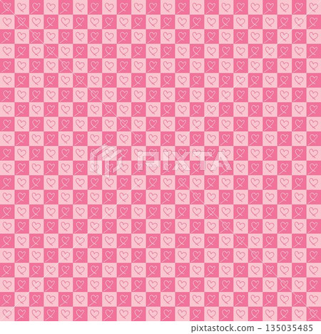 Pink seamless checkered pattern with hand drawn heart icons, romantic cute background for Valentine Day, love themes, wrapping paper, textiles, and digital design projects. 135035485