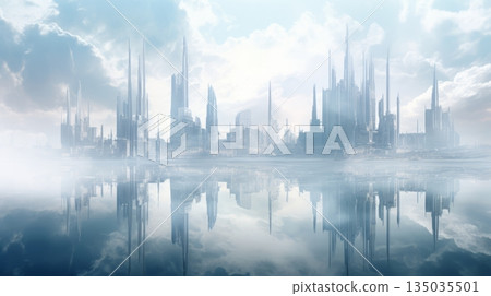 A dreamlike, undefined cityscape with ethereal elements 135035501