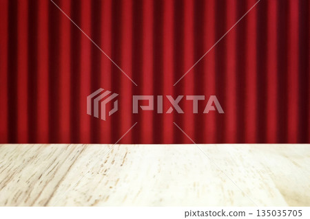 Empty wooden table with blurred red curtain background. 135035705